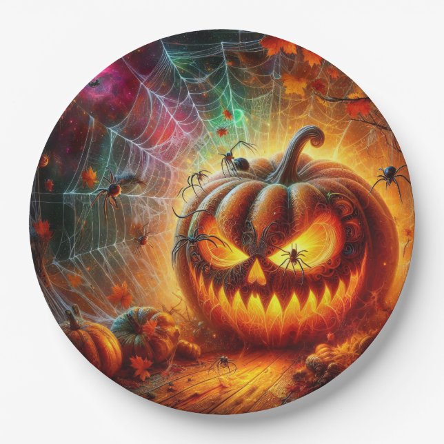 Plato De Papel Asombroso Jack-o-lantern y Spiders (Anverso)