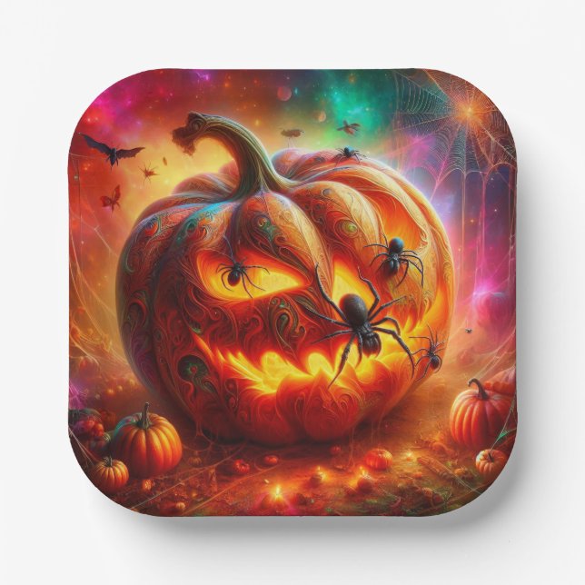 Plato De Papel Asombroso Jack-o-lantern y Spiders (Anverso)