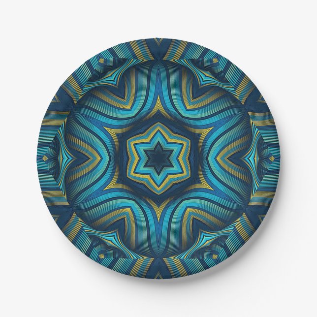 Plato De Papel Asombroso resumen arte azul y amarillo Mandala (Anverso)
