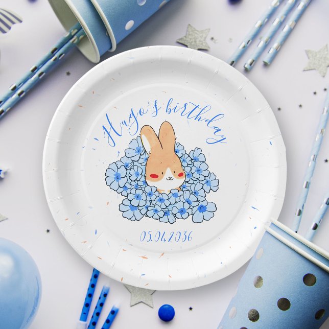 Plato De Papel Assiette carton personnalisé anniversaire Lapin (Assiette carton personnalisé anniversaire Lapin fleurs bleues)