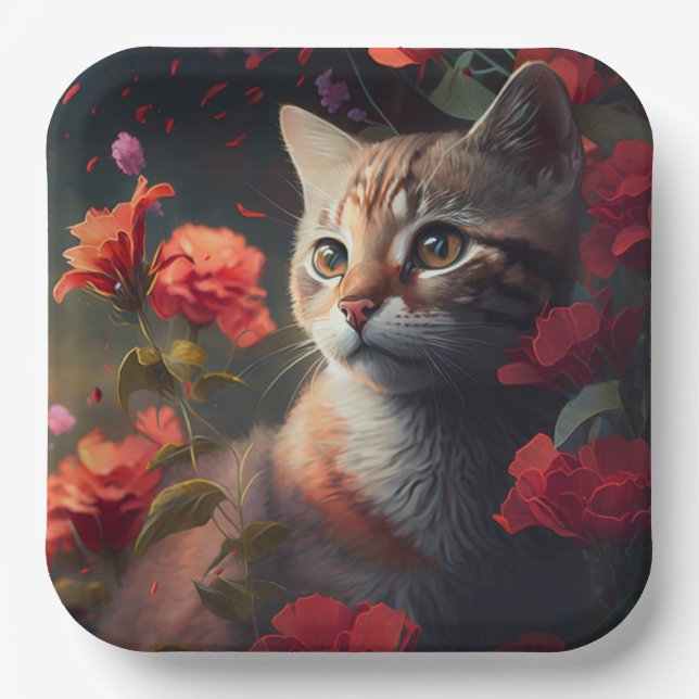 Plato De Papel Assiette en carton chat fleur (Anverso)