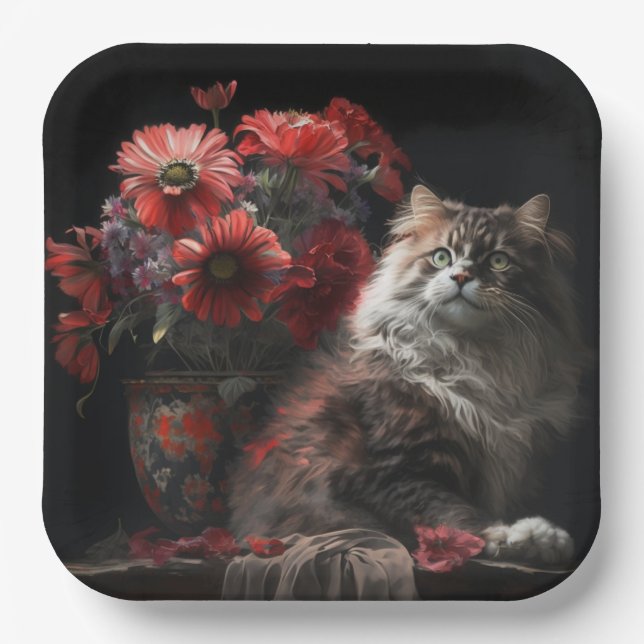 Plato De Papel Assiette en carton chat fleur (Anverso)