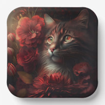 Assiette en carton chat fleur