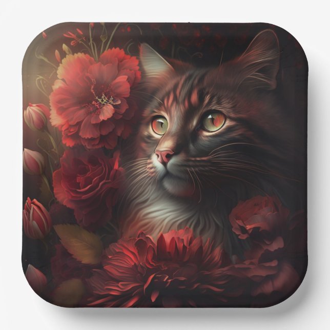 Plato De Papel Assiette en carton chat fleur (Anverso)