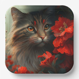 Plato De Papel Assiette en carton chat fleur