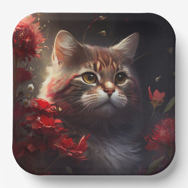 Plato De Papel Assiette en carton chat fleur (Anverso)