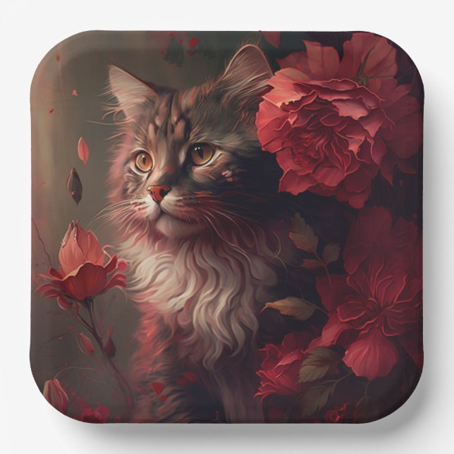 Plato De Papel Assiette en carton chat fleur (Anverso)