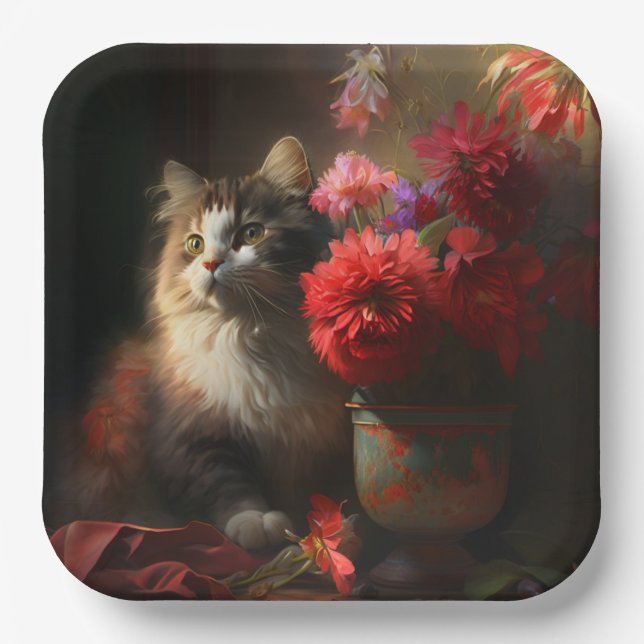 Plato De Papel Assiette en carton chat fleur (Anverso)