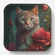 Assiette en carton chat fleur