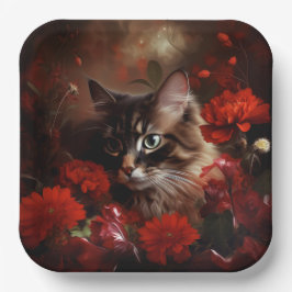 Plato De Papel Assiette en carton chat fleur