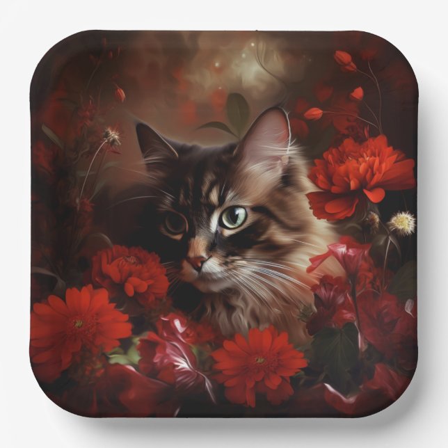 Plato De Papel Assiette en carton chat fleur (Anverso)