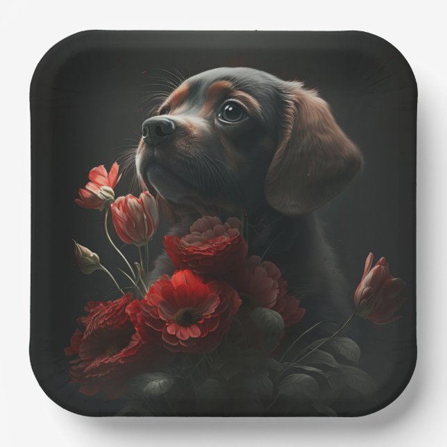 Plato De Papel Assiettes en carton chien Fleur (Anverso)