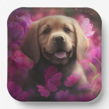 Assiettes en carton chien Fleur