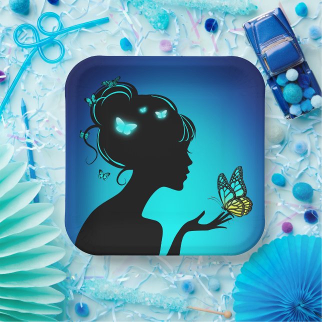 Plato De Papel Assiettes En Carton La femme papillons bleues (Fiesta)