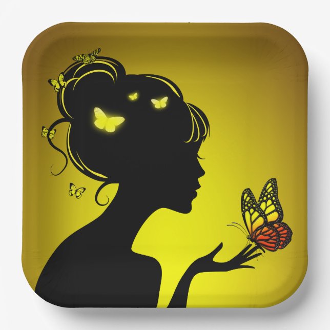 Plato De Papel Assiettes En Carton La femme papillons jaunes (Anverso)