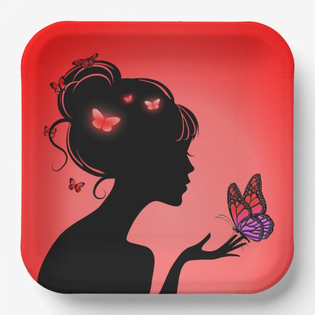 Plato De Papel Assiettes En Carton La femme papillons rouges (Anverso)