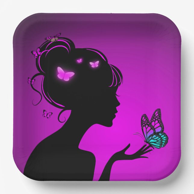 Plato De Papel Assiettes En Carton La femme papillons violets (Anverso)
