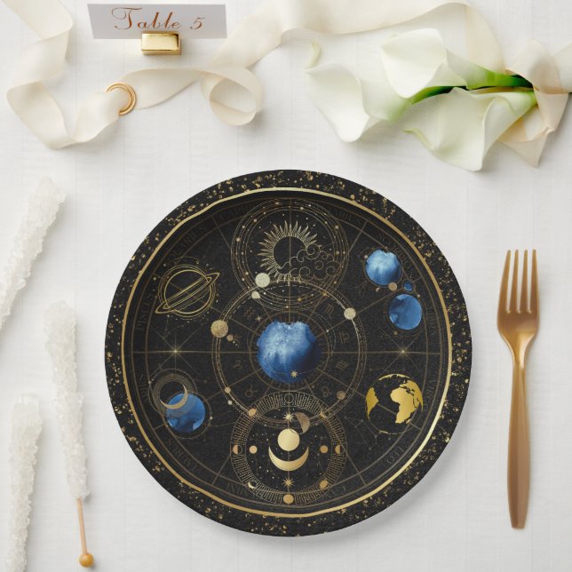 Plato De Papel Astrología Celestial de Velvet Negro (Boda)