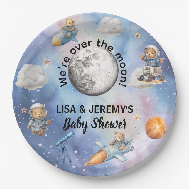 Plato De Papel Astronaut Teddy Bears in Space Baby Shower (Anverso)