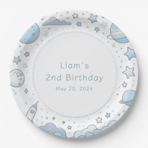 Plato De Papel Astronauta Azul Rocket Space Kids Cumpleaños
