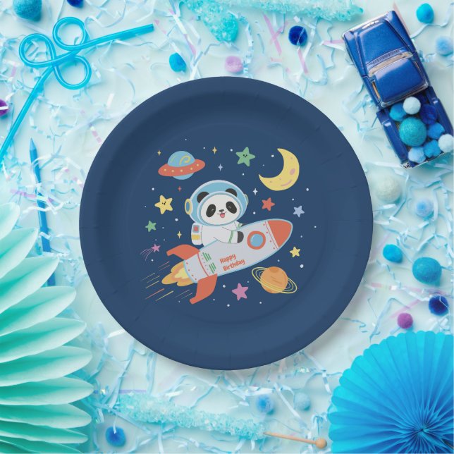 Plato De Papel astronauta azul y naranja Panda (Fiesta)