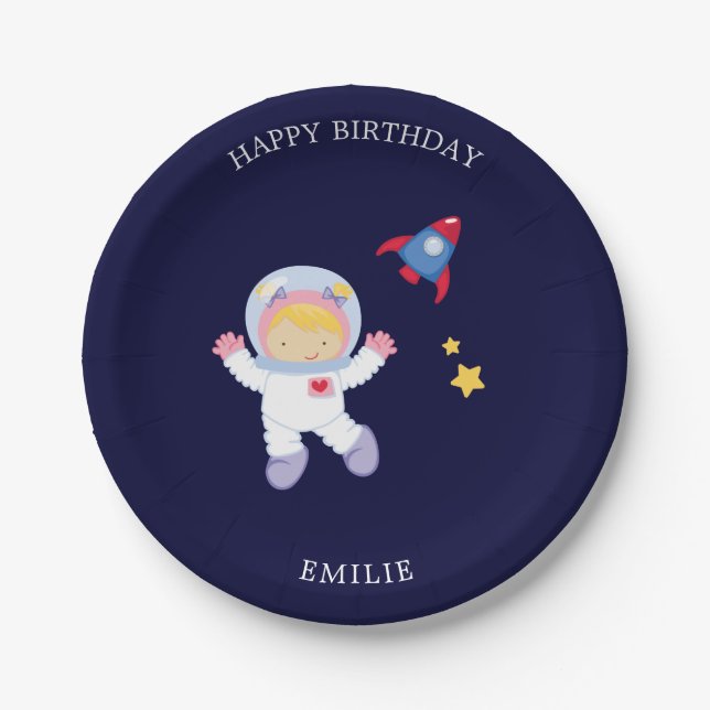 Plato De Papel Astronauta Chica Niños Cumpleaños (Anverso)