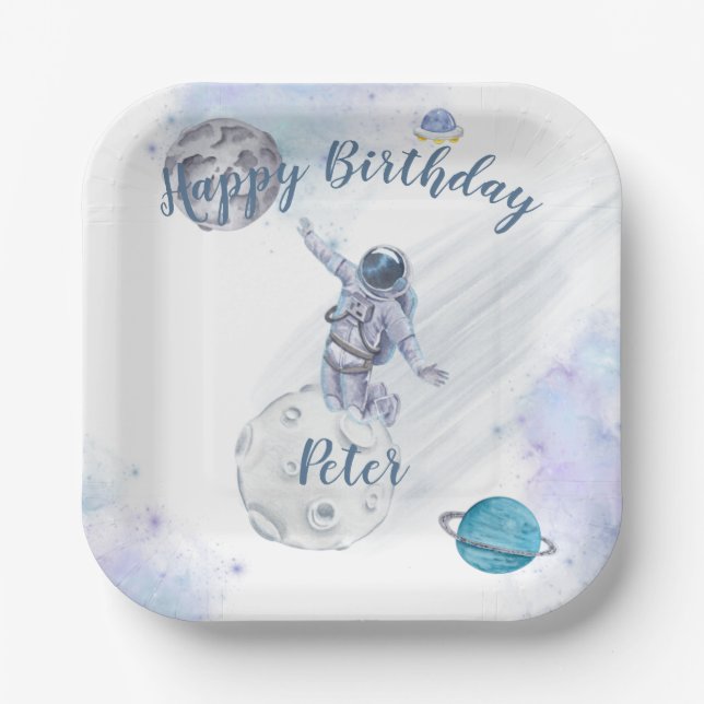 Plato De Papel Astronauta De Acuarela Y Espacio (Anverso)