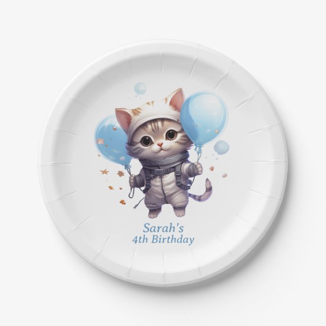 Plato De Papel Astronauta de gatos para niños: Placa de fiesta de (Anverso)