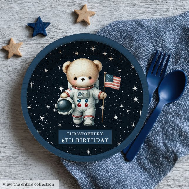 Plato De Papel Astronauta de osito de peluche Fiesta de ducha beb (Cute Teddy Bear Astronaut Baby Boy Shower Party Paper Plates)