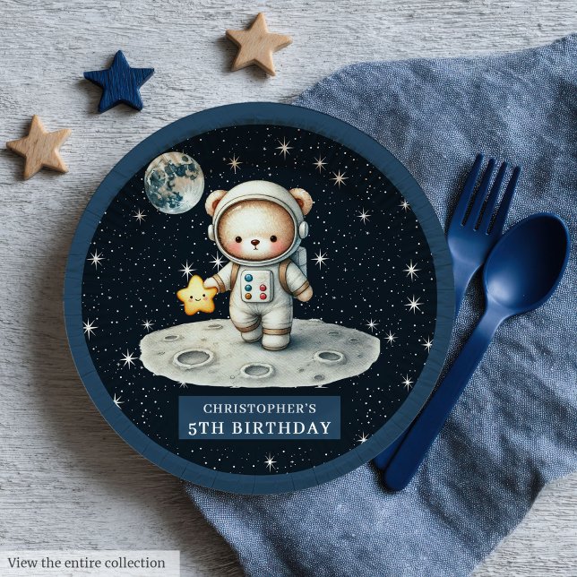 Plato De Papel Astronauta De Oso De Teddy Personalizado De Bebé (Teddy Bear Astronaut Baby Boy Shower Custom Plates)