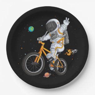 Plato De Papel astronauta en bicicleta bmx en el espacio ov
