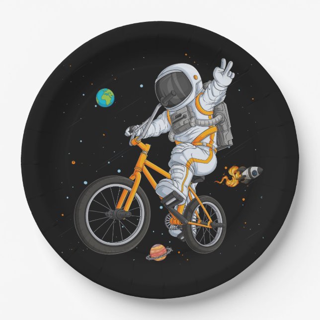Plato De Papel astronauta en bicicleta bmx en el espacio ov (Anverso)