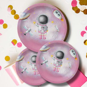 Plato De Papel Astronauta espacial Chica estrellas de cohete rosa