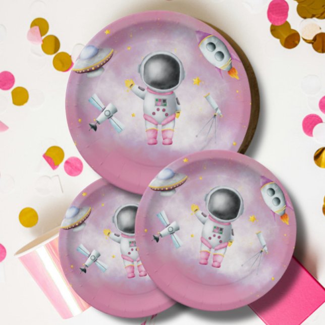 Plato De Papel Astronauta espacial Chica estrellas de cohete rosa (Subido por el creador)