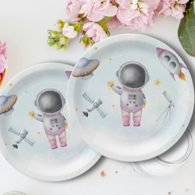 Plato De Papel Astronauta espacial Chica estrellas de cohete rosa (Subido por el creador)