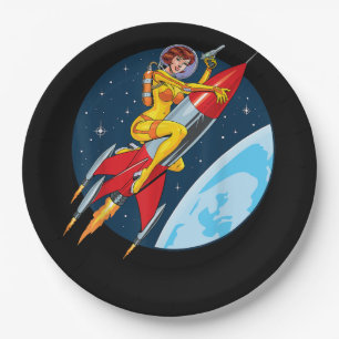 Plato De Papel Astronauta Femenina de Ciencia Ficción Retro Vinta