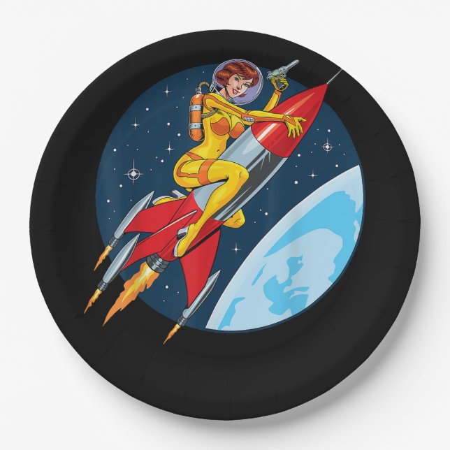 Plato De Papel Astronauta Femenina de Ciencia Ficción Retro Vinta (Anverso)