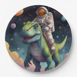 Plato De Papel Astronauta sobre Dino en el espacio