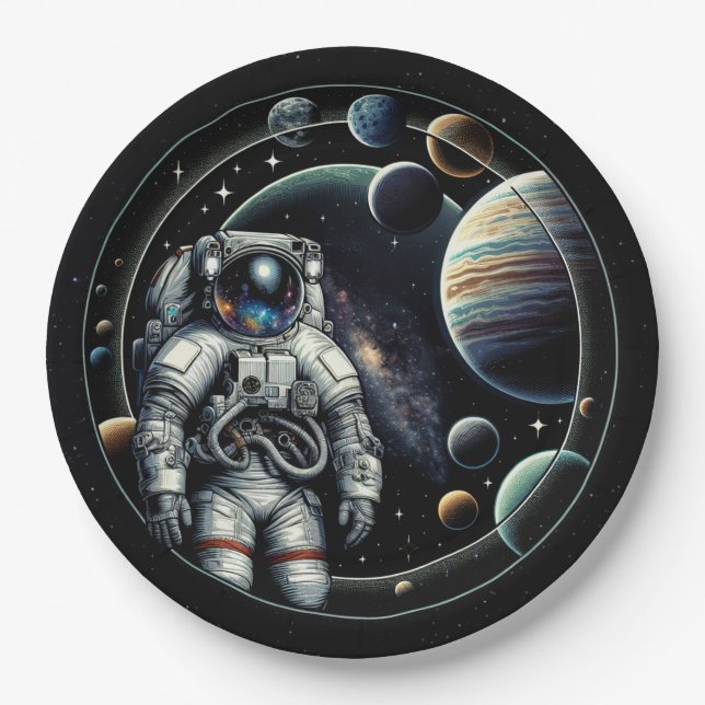 Plato De Papel Astronauta y planetas de época (Anverso)
