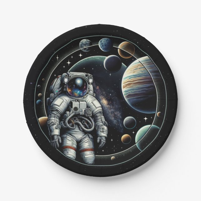 Plato De Papel Astronauta y planetas de época (Anverso)