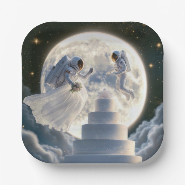Plato De Papel Astronautas recién casados a la luz de la luna (Anverso)