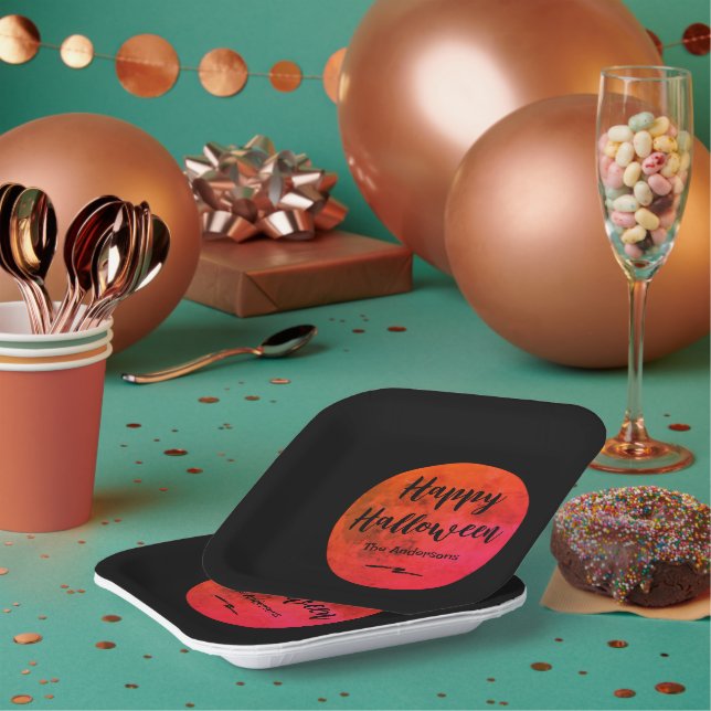 Plato De Papel Asustado negro y Naranja Luna llena Feliz Hallowee (Multi)