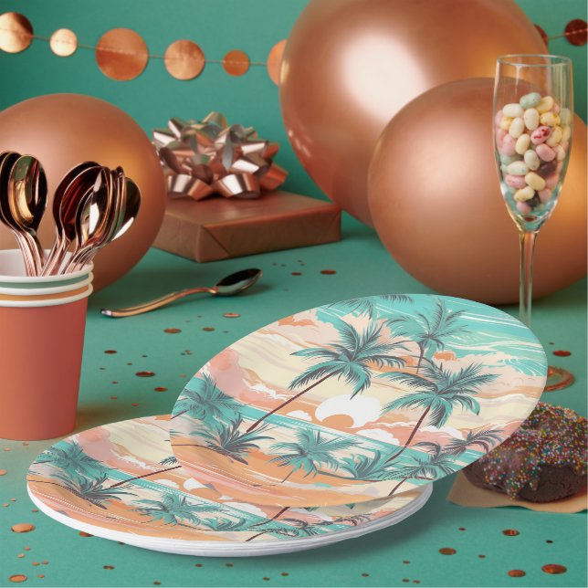 Plato De Papel Atardecer en Playa Tropical (Multi)