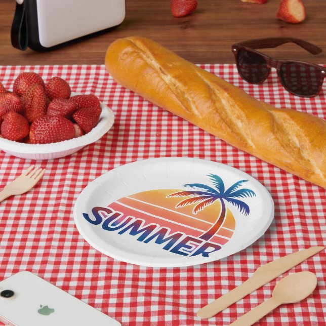 Plato De Papel Atardecer retro de verano con palmera (Picnic)