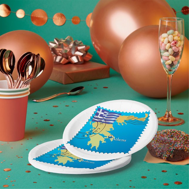 Plato De Papel Atenas Grecia: Sello de viaje Bandera griega y map (Subido por el creador)