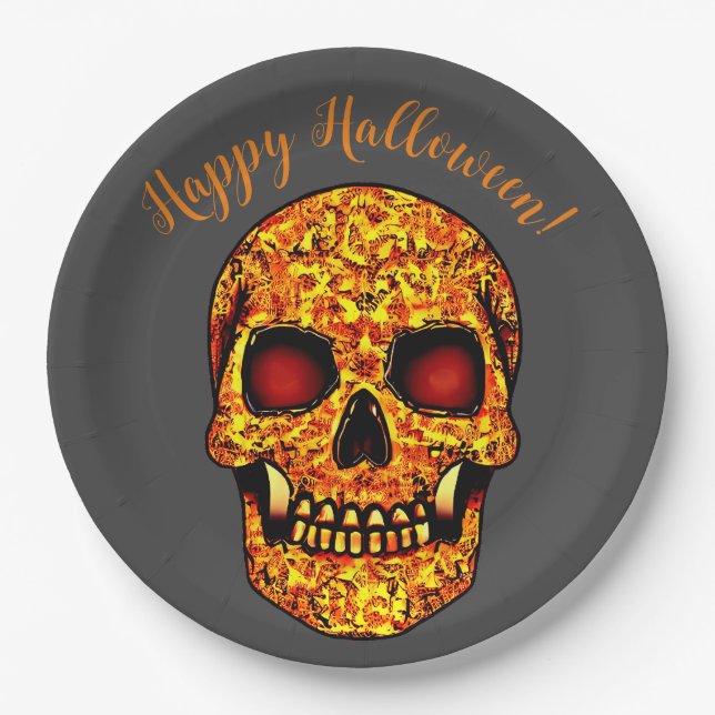 Plato De Papel Aterrador cráneo de Halloween con ojos rojos (Anverso)