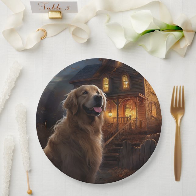 Plato De Papel Aterrador de Golden Retriever Halloween (Boda)