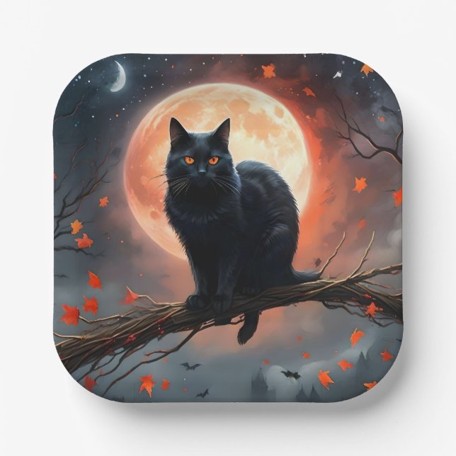 Plato De Papel Aterrador Halloween Black Cat Moonlight, (Anverso)