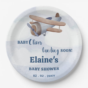 Plato De Papel Aterrizar pronto Baby Shower del avión Blue Boy