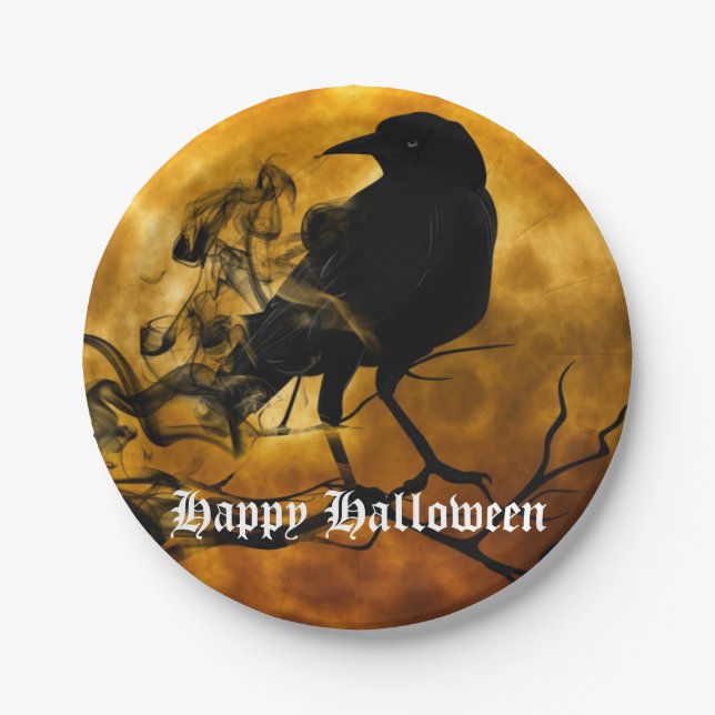 Plato De Papel Aterrorífico Black Raven Full Moon Halloween Party (Anverso)
